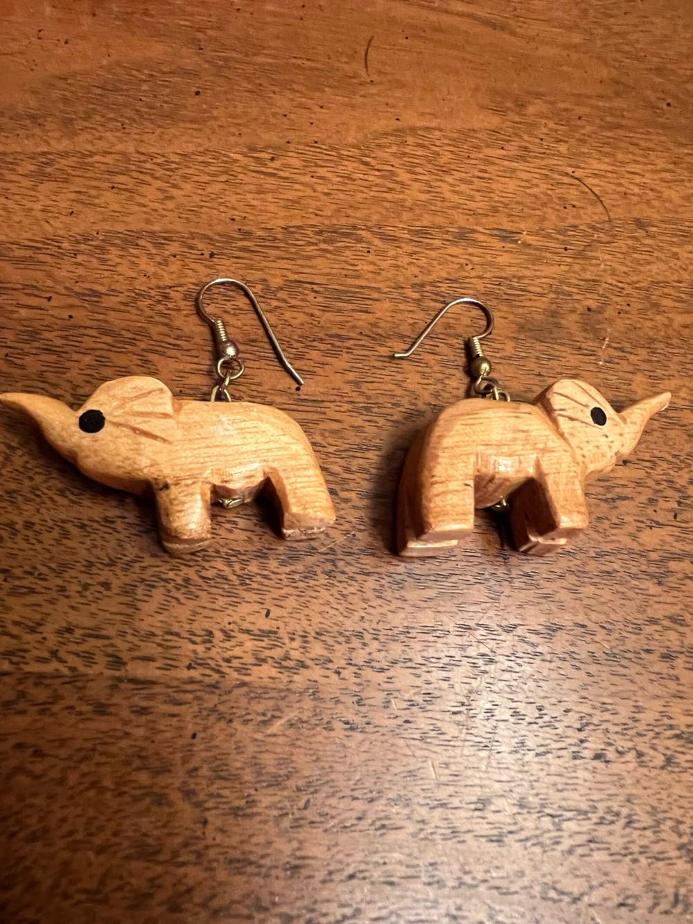 Hand-Carved Wooden Elephant Dangle Earrings - Tan